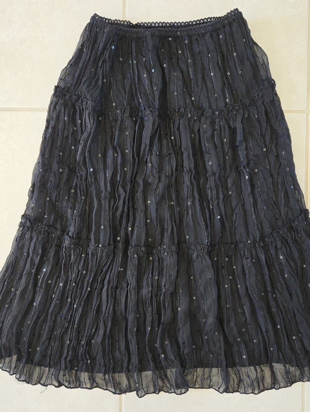 Vintage Medium Y2K Black Sheer Tiered Midi Skirt Sequin Fairy Grunge Whimsigoth